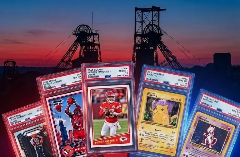 Graded sports and Pokémon cards fanned out, with the Pleasley Pit headstocks behind